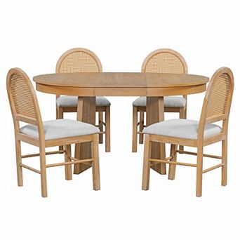 Merax 5 pc Round Dining Table Set for 4, Retro Extendable dining table set with 4 Chairs