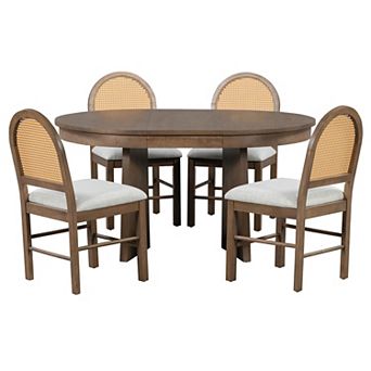 Merax 5 pc Round Dining Table Set for 4, Retro Extendable dining table set with 4 Chairs