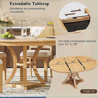 Merax 5-Piece Retro Extendable Round Dining Table Set with 4 Upholstered Chairs for Dining Room