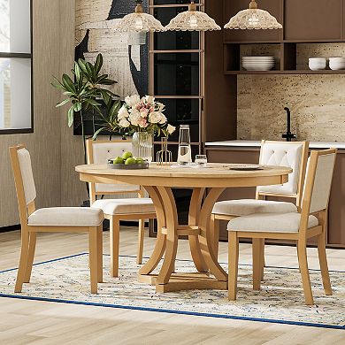 Merax 5-Piece Retro Extendable Round Dining Table Set with 4 Upholstered Chairs for Dining Room