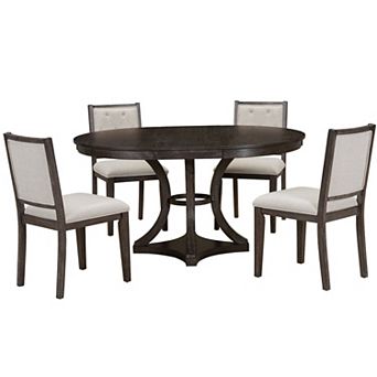 Merax 5 pc Retro Extendable Round Dining Table Set with 4 Upholstered Chairs for Dining Room