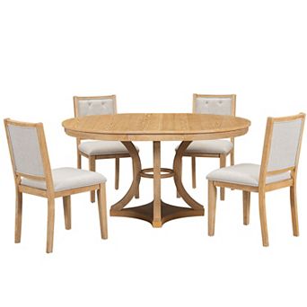 Merax 5 pc Retro Extendable Round Dining Table Set with 4 Upholstered Chairs for Dining Room