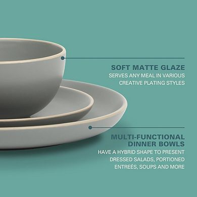 12-Pc Stoneware Dinnerware Set, Service for 4, Matte Gray, Microwave & Dishwasher Safe.