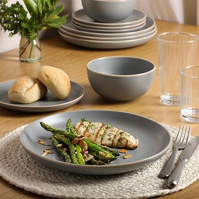 12-Pc Stoneware Dinnerware Set, Service for 4, Matte Gray, Microwave & Dishwasher Safe.