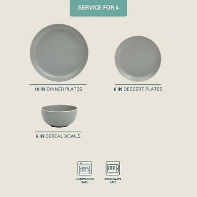12-Pc Stoneware Dinnerware Set, Service for 4, Matte Gray, Microwave & Dishwasher Safe.