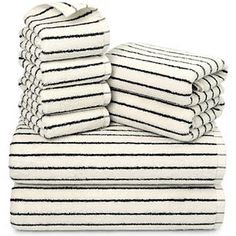 8 pc Black White Striped Towel Set Soft Absorbent Cotton Bath Hand Washcloths Bathroom Decor