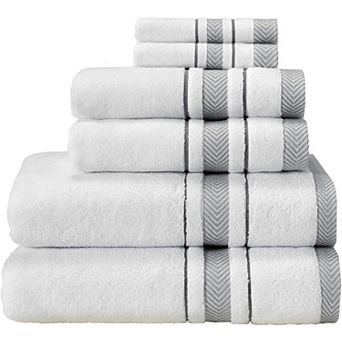 Bath Towels Set 6 pc Soft Absorbent 600 GSM Hotel Spa Quality Quick Dry White Grey Stripe