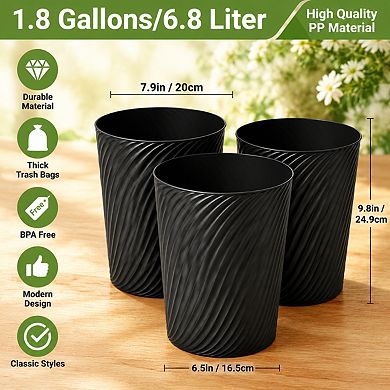 1.8 Gallon Trash Cans 3 Pack With 6 Garbage Bags For Bathroom Bedroom Office Kitchen