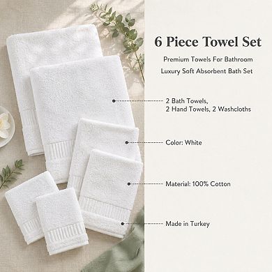 6 Piece Turkish Cotton Towel Set Luxury Soft Absorbent Bathroom Spa Towels