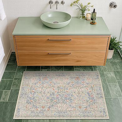 Non Slip Kitchen Runner Rug Washable Rubber Backing Vintage Botanical Dark Green Low Pile