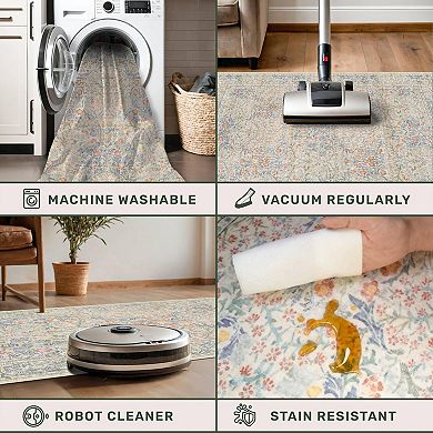 Non Slip Kitchen Runner Rug Washable Rubber Backing Vintage Botanical Dark Green Low Pile