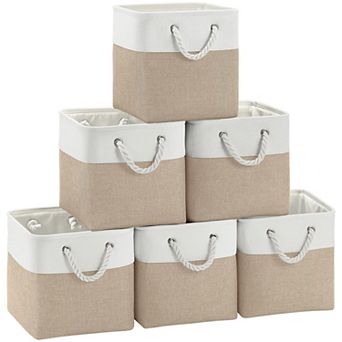 Cube Storage Bins 6 Pack 11 Inch Linen Fabric Foldable Organizer Baskets White Pink Closet Shelves