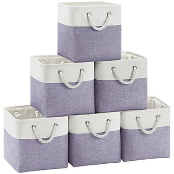 Cube Storage Bins 6 Pack 11 Inch Linen Fabric Foldable Organizer Baskets White Pink Closet Shelves