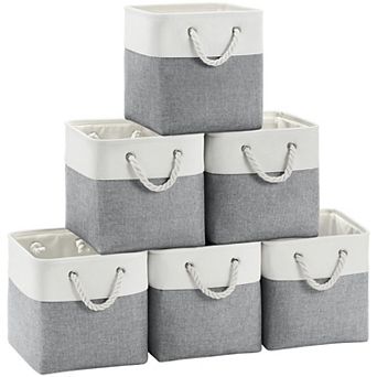 Cube Storage Bins 6 Pack 11 Inch Linen Fabric Foldable Organizer Baskets White Pink Closet Shelves