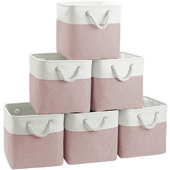 Cube Storage Bins 6 Pack 11 Inch Linen Fabric Foldable Organizer Baskets White Pink Closet Shelves