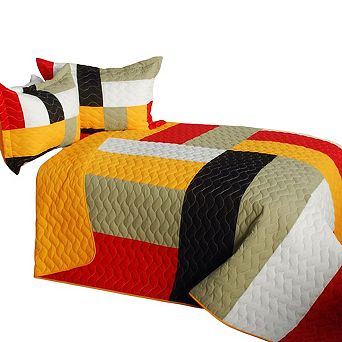 3 pc Geometric Patchwork Quilt Set With Vermicelli Stitching And Shams