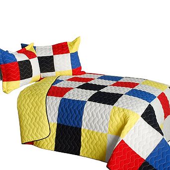 3 pc Vermicelli Quilted Plaid Patchwork Quilt Bedding Set with Two Pillow Shams