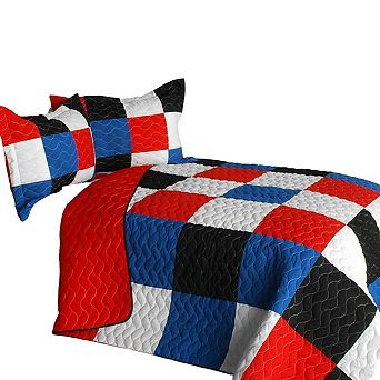 3 pc Vermicelli Quilted Plaid Patchwork Quilt Bedding Set with Two Pillow Shams
