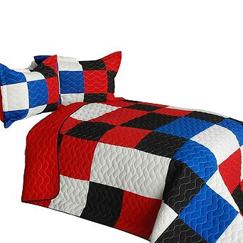 3 pc Vermicelli Quilted Plaid Patchwork Quilt Bedding Set with Two Pillow Shams