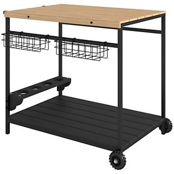 2 tier Rolling Bar Cart with Wine Rack and Storage Baskets Wood Serving Table