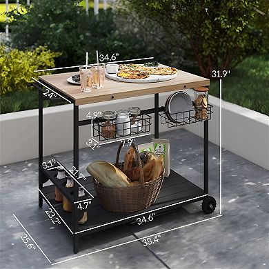 2-Tier Rolling Bar Cart with Wine Rack and Storage Baskets Wood Serving Table