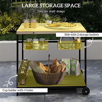2-Tier Rolling Bar Cart with Wine Rack and Storage Baskets Wood Serving Table