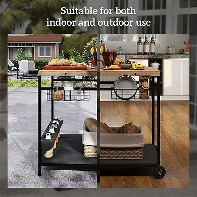 2-Tier Rolling Bar Cart with Wine Rack and Storage Baskets Wood Serving Table