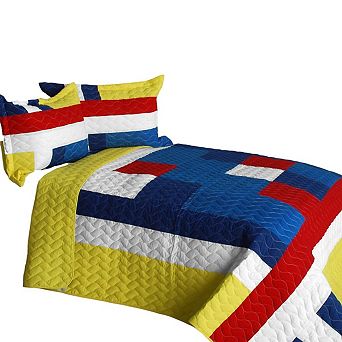 3 pc Geometric Patchwork Quilt Bedding Set TC Fabric Quilted Bedspread with Shams