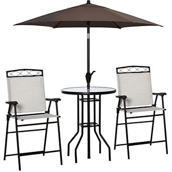 4 pc Patio Bar Set Folding Chairs Glass Top Table with Tilt Umbrella