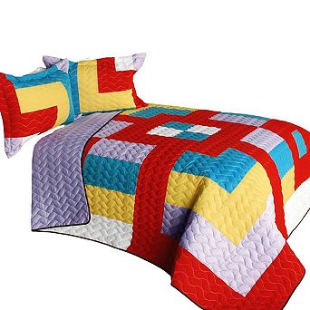 3 pc Color Block Quilt Bed Cover Set TC Fabric Handmade Finish with Coordinated Quilted Shams