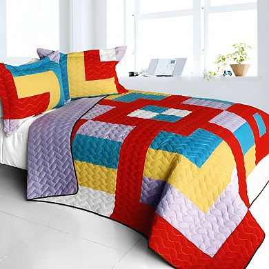 3 Piece Color Block Quilt Bed Cover Set TC Fabric Handmade Finish with Coordinated Quilted Shams