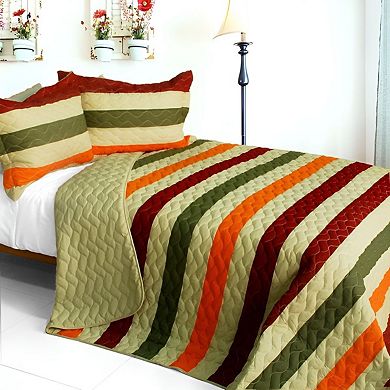 3Pc Horizontal Stripe Quilt Set Vermicelli Quilted Bedspread with Coordinated Shams