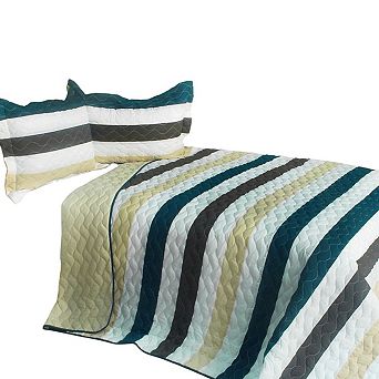 3 pc Horizontal Stripe Quilt Set Vermicelli Quilted Bedspread with Coordinated Shams