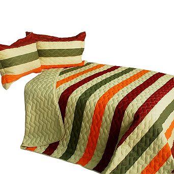 3 pc Horizontal Stripe Quilt Set Vermicelli Quilted Bedspread with Coordinated Shams
