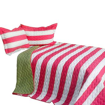 3 pc Horizontal Stripe Quilt Set Vermicelli Quilted Bedspread with Coordinated Shams