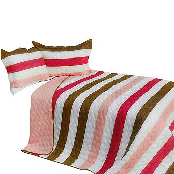 3 pc Horizontal Stripe Quilt Set Vermicelli Quilted Bedspread with Coordinated Shams
