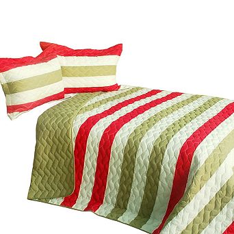 3 pc Horizontal Stripe Quilt Set Vermicelli Quilted Bedspread with Coordinated Shams