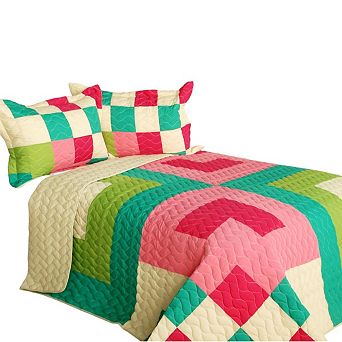 3 pc Geometric Patchwork Bedspread Set Vermicelli Stitch Quilt with Shams Coordinated Bedding Set
