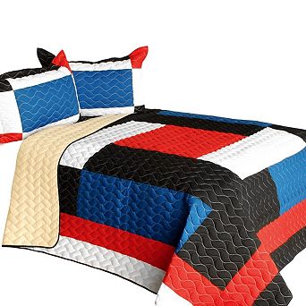 3 pc Geometric Colorblock Patchwork Quilt Set with Shams Vermicelli Quilted Bedding Set