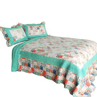 3 pc Multi Block Floral Print Quilt Set with Shams Vermicelli Quilted Bedding Set Cotton