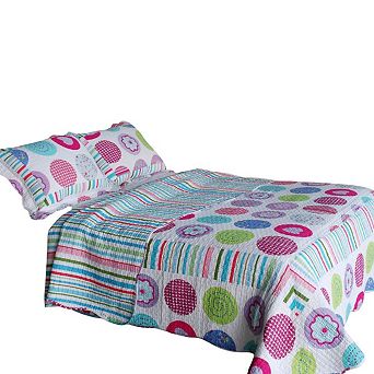 3 pc Circle Pattern Quilt Set with Shams Vermicelli Stitch Cotton Bedding Set