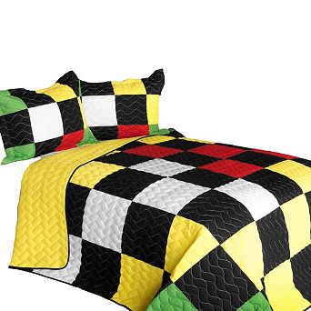 3 pc Colorblock Quilt Bedding Set Vermicelli Stitch Quilted Bedspread with Shams Set