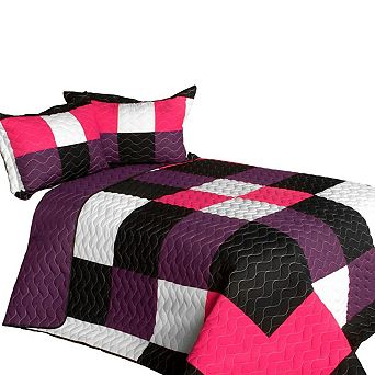 3 pc Colorblock Quilt Bedding Set Vermicelli Stitch Quilted Bedspread with Shams Set