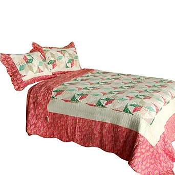 3 pc Floral Printed Quilt Bedding Set Vermicelli Stitch Quilted Bedspread with Shams