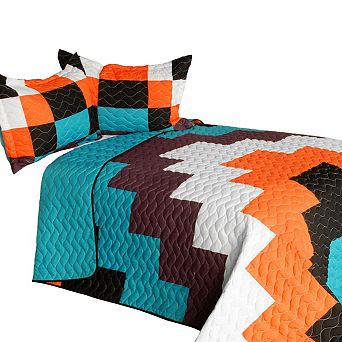 3 pc Geometric Patchwork Quilt Set with Shams Vermicelli Quilted Bedding Set