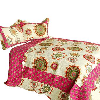 3 pc Circles Print Quilt Set with Shams Vermicelli Quilted Bedding Set Cotton