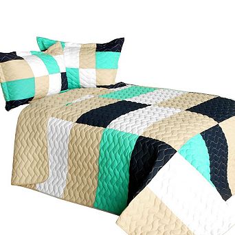 3 pc Geometric Quilt Bedding Set Vermicelli Stitch Quilted Bedspread with Shams