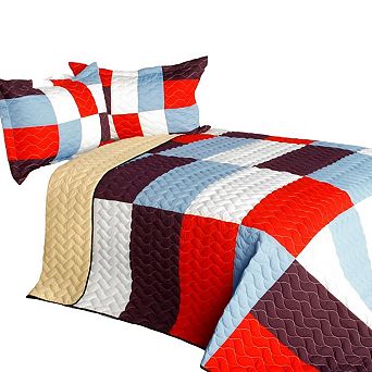 3 pc Geometric Quilt Bedding Set Vermicelli Stitch Quilted Bedspread with Shams