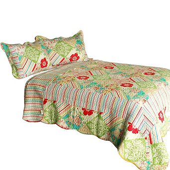 3 pc Floral Print Quilt Set with Shams Vermicelli Quilted Bedding Set Cotton