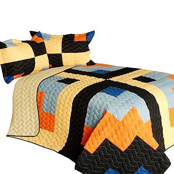 3 pc Geometric Patchwork Quilt Set with Shams Chevron Vermicelli Quilted Bedding